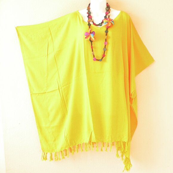 KB410 Mustard Solid Fringes Kaftan Sleeve Plus Tunic Women Blouse Top - S to 5X - Picture 1 of 1